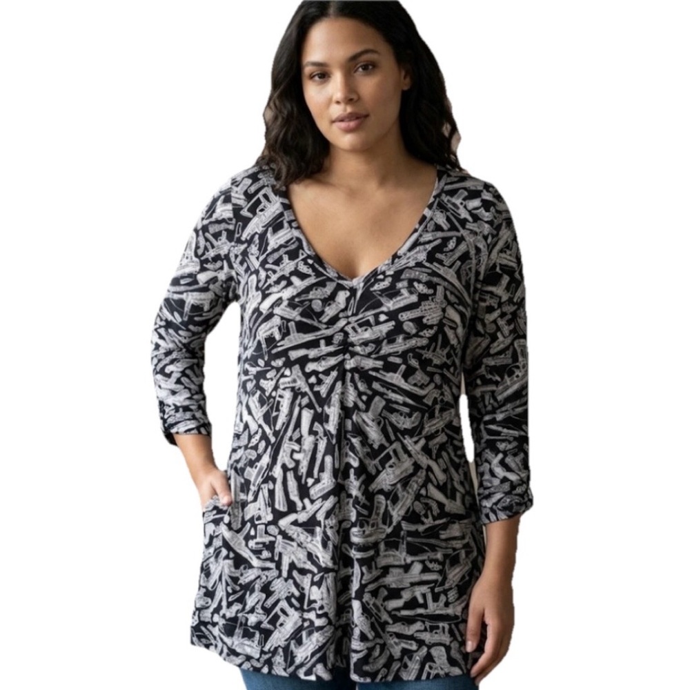 Lauren Moshi Devon Boyfriend Gun Print 3/4 Sleeve Women’s Black Size Medium